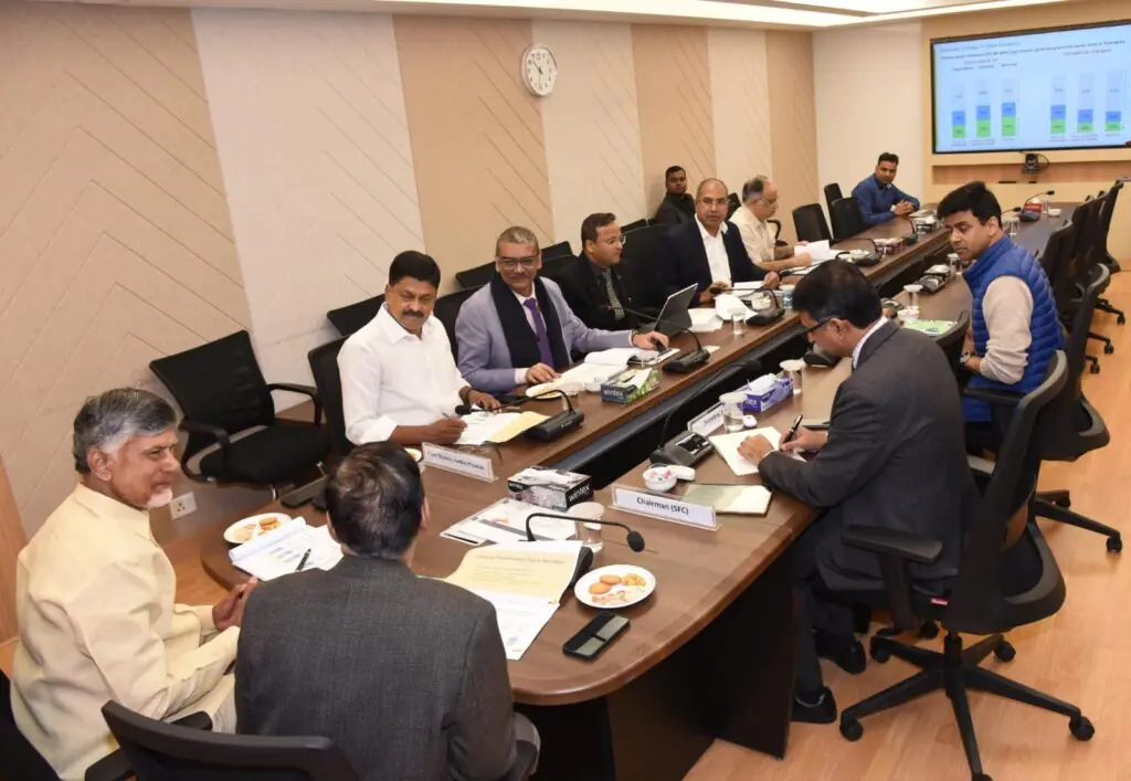 CM Chandrababu meets Finance Commission Chairman Arvind Panagariya, along with Finance Minister Payyavula Keshav.