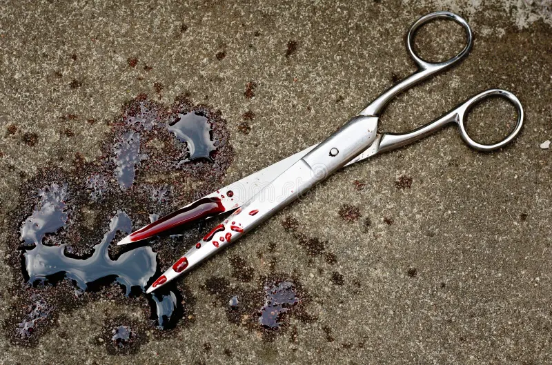 bloody scissors thrown concrete pool blood murder attack concept 154978751