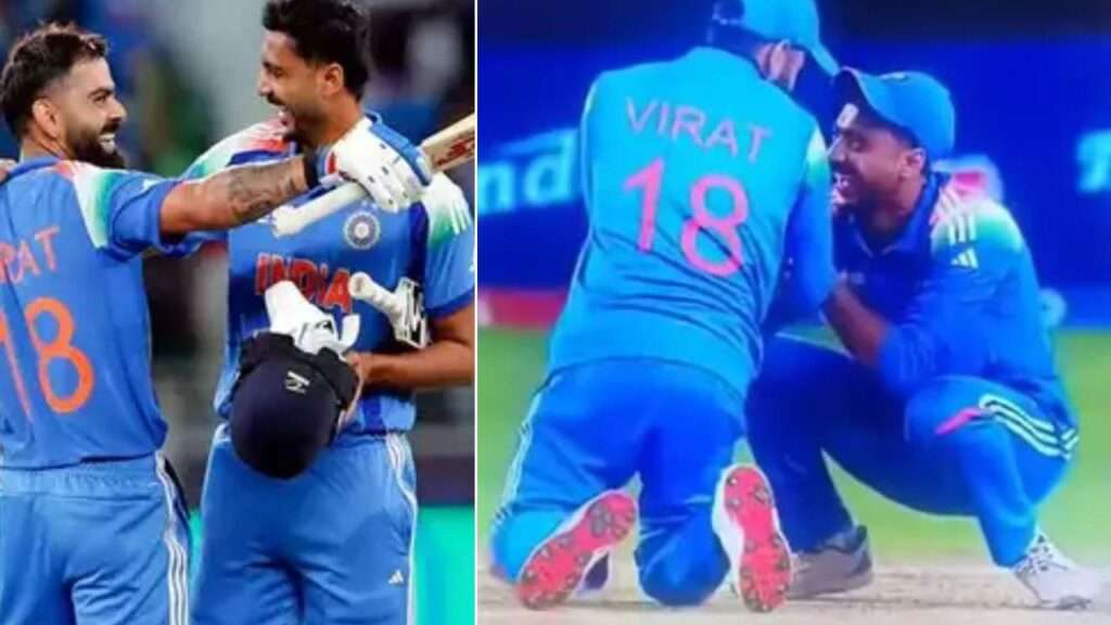 అక్ష‌ర్ కాళ్ల‌ను తాకేందుకు ప్రయ‌త్నించిన కోహ్లీ