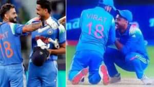 అక్ష‌ర్ కాళ్ల‌ను తాకేందుకు ప్రయ‌త్నించిన కోహ్లీ