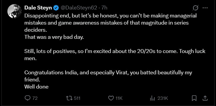 Dale Steyn: Kohli batted brilliantly