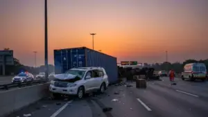 క్రూజర్ జీప్‌ను ఢీకొట్టిన కంటైనర్: 4 మృతి